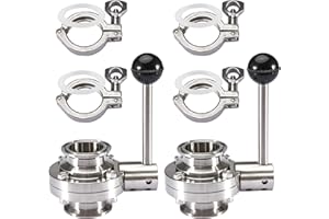 Pindex 2 Pack 2 Inch Heavy Duty Butterfly Valves with Pull Handle and 4 Pcs 2" 190g Heavy Duty Tri Clamp with Silicone Gasket 304 Stainless Steel Sanitary TC Fittings