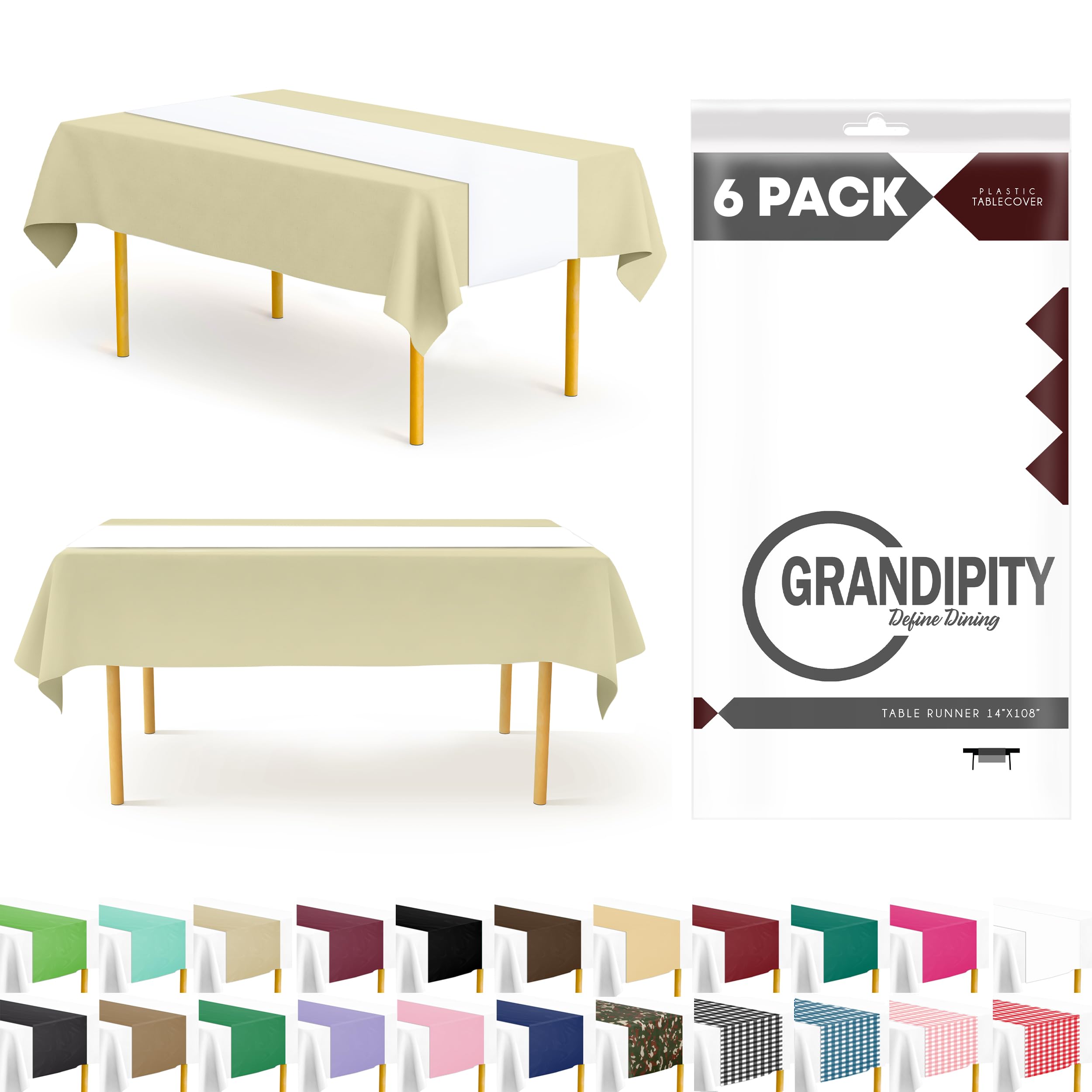 Grandipity White 6 Pack Premium Disposable Plastic Table Runner 14 x 108 Inch. Table Runner for Dinner Parties & Events By