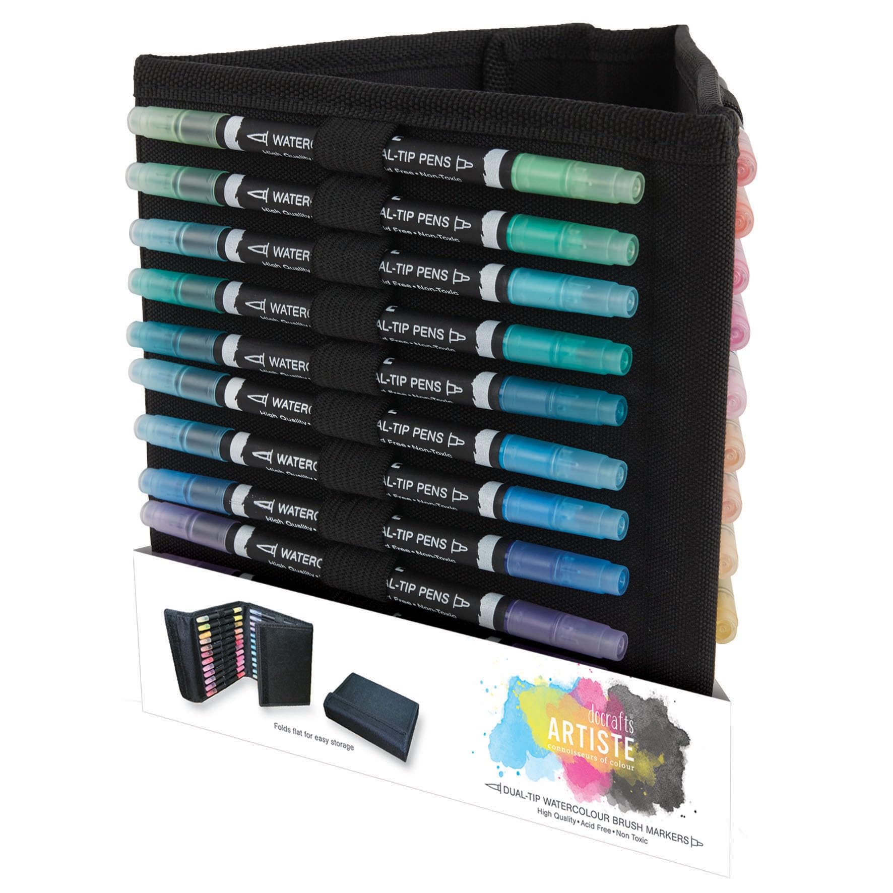 DOCRAFTS ARTISTE Watercolour Dual-Tip Pens and Caddy with Brush and fine Tips (Pack of 36), Multi