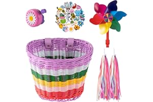 LITTLE WORLD Kids Bike Basket, Bike Basket Front Bike Accessories for Girl Boys, Woven Bicycle Basket with Stickers, Bike Bell, Windmill, and 1pairs Colorful Ribbons Tassels