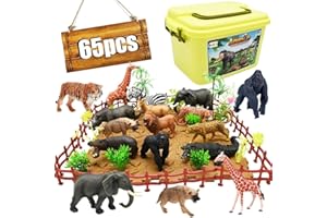 BOLZRA 65PCS Safari Animals Figures Toys, Realistic Plastic Jungle Zoo Wild Animals with Fence Building Blocks Storage Box Christmas Birthday Gift for Kids 3-8