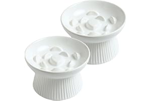 LE SERVETA 2 Pack Ceramic Slow Feeder Cat Bowl, Raised Puzzle Feeder, Anti Vomiting, Elevated Food Bowl, Whisker Friendly (White)