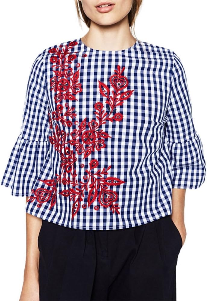 ELINKMALL Women Elegant OL Embroidery Turn-Down Casual Blue Striped Long Sleeve Blouse Tops