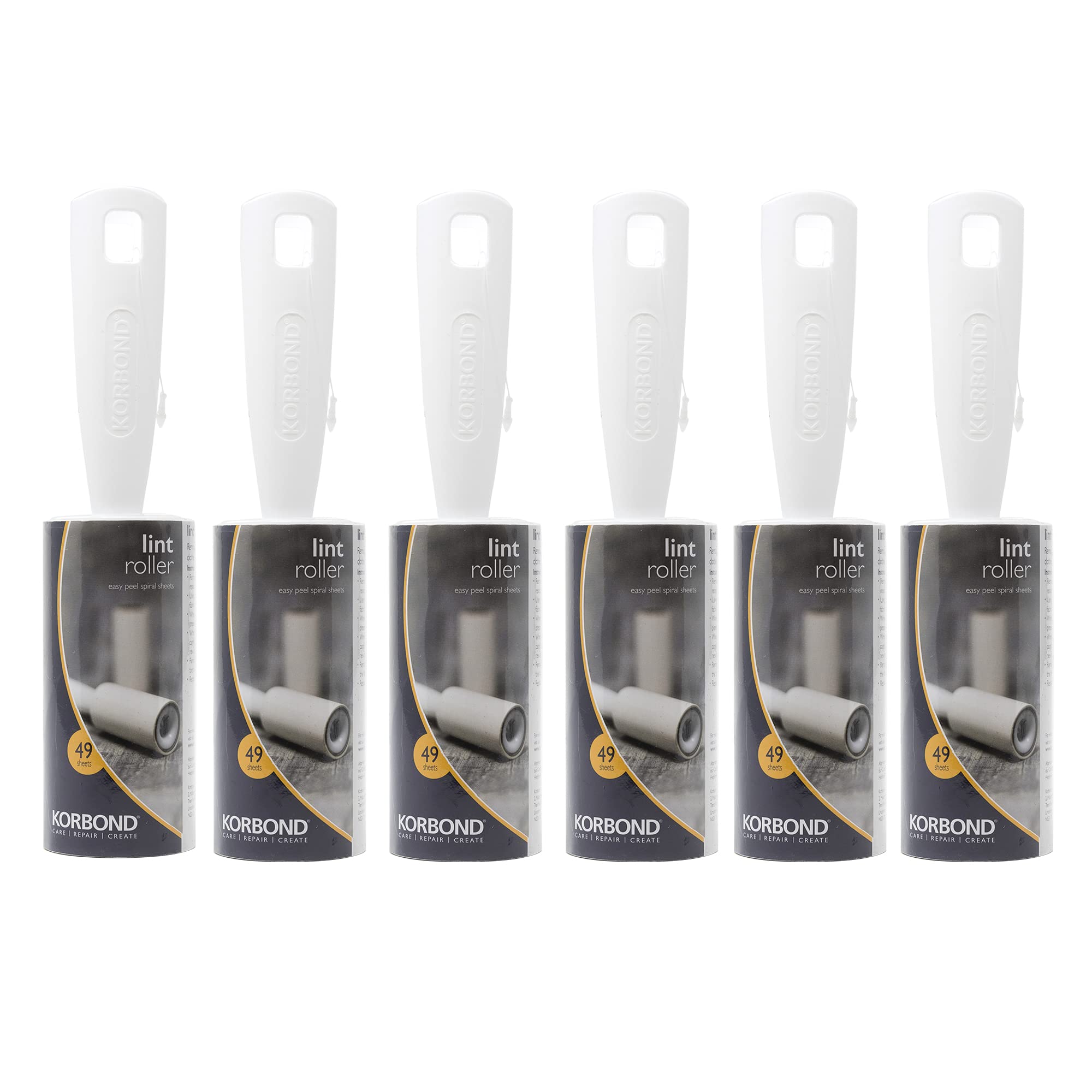 Korbond 6 Pack of 7.4m Lint Rollers–294 Sticky Easy Peel Sheets -for ALL FABRIC TYPES- Removes Dust and Fluff from Furniture, Upholstery, Laundry, Washing Machine, & Carpet-Leaves NO RESIDUE-Odourless