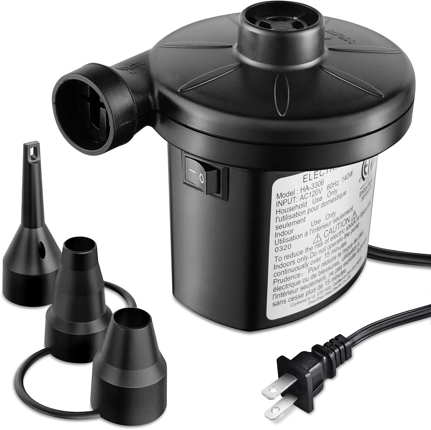 FiveJoy Electric Air Pump, Quick-Fill AC Inflator Deflator with 3 Nozzles, 120 Volt Portable Air Mattress Pump for Outdoor Camping, Inflatable Couch, Pool Floats, Boats, Swimming Ring (AC Pump (140W)): Sports & Outdoors