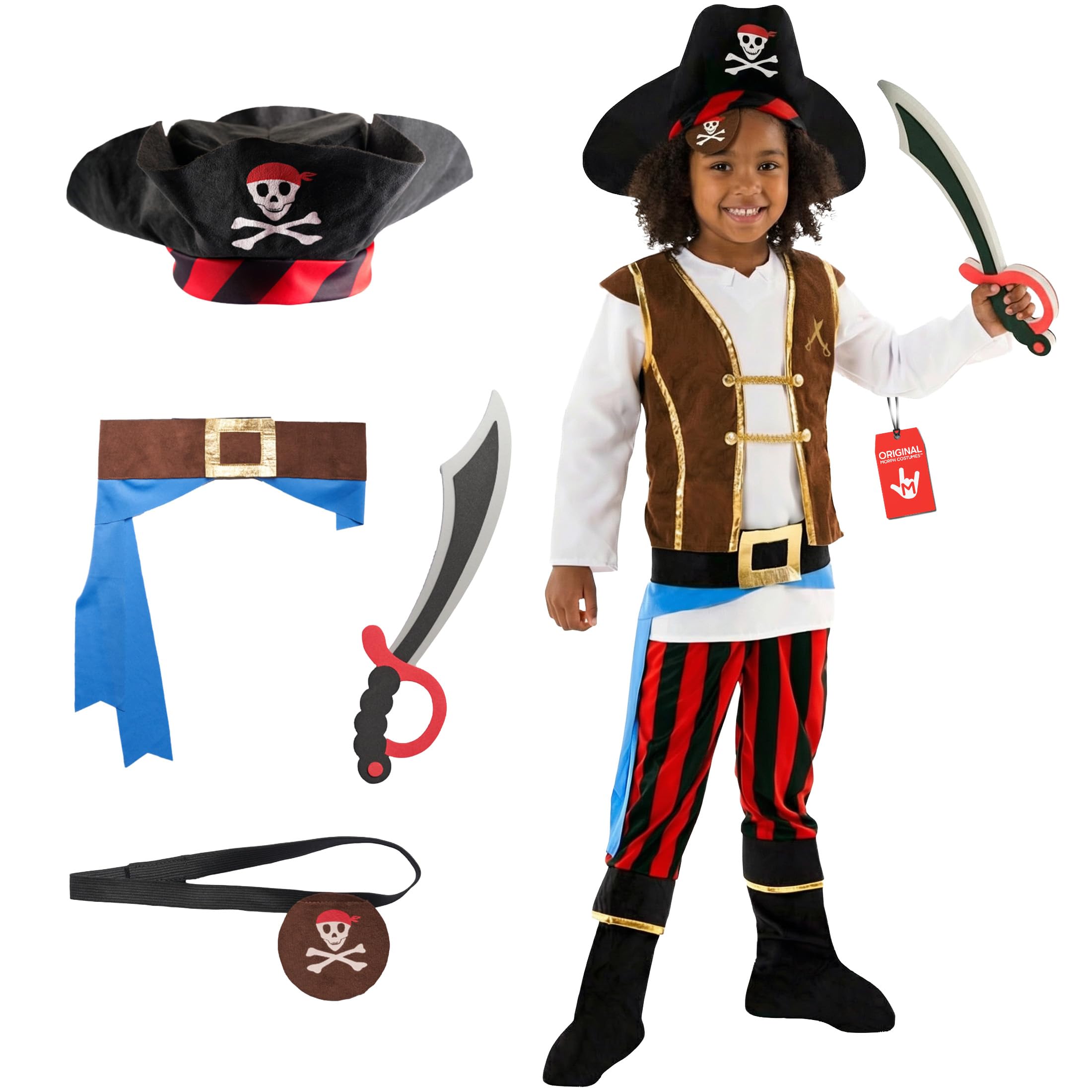 Morph Red Pirate Costume Kids, Pirate Fancy Dress Kids, Boys Pirates Costumes, Boys Halloween Costume, 7-9 Years