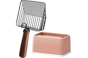 MORREAN Metal Cat Litter Scoop with Holder, Stainless Steel Litter Scooper, Kitty Poop Scooper with Wooden Handle, Fast Sifting & Fine Sifting, Heavy Duty Deep Shovel - Black with Rose Holder