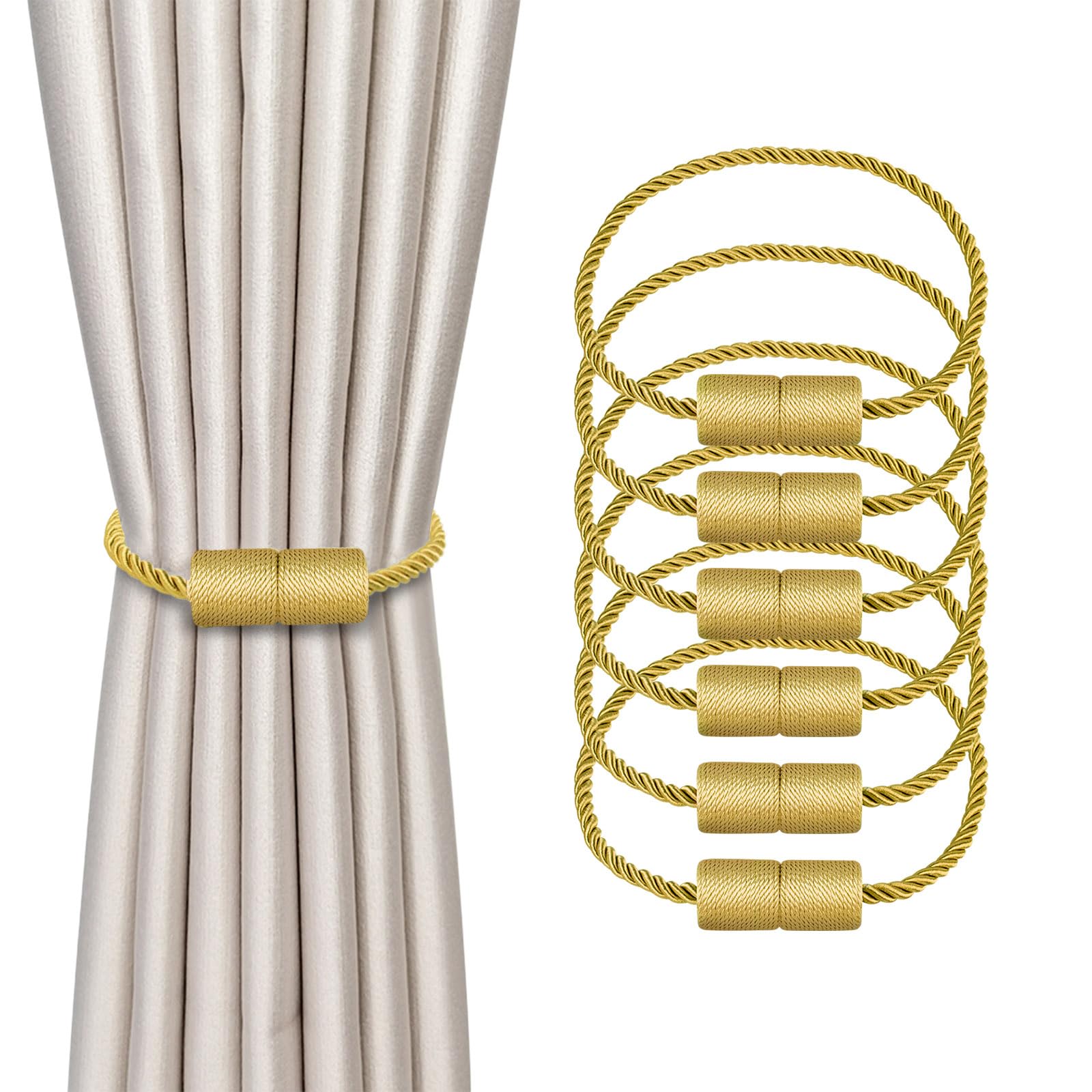 Dalababa 6 Pieces Magnetic Curtain Tiebacks Clips Curtain Buckle, 41.5 cm Decorative Curtain Braided Rope, Magnetic Curtain Holdbacks Curtain Holder - Curtain Accessory for Home Decoration - Gold