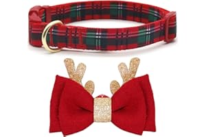 azuza Christmas Dog Collar, Plaid Dog Collar and Cute Glitter Reindeer Antler with Bowtie, Soft & Comfy Xmas Dog Collars, for Medium Dogs