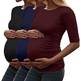 Riyiper 3 Pack Women's Maternity Cotton T Shirt Ribbed Half Sleeve Tunic Round Neck Side Ruched Tops Casual Pregnancy Clothes