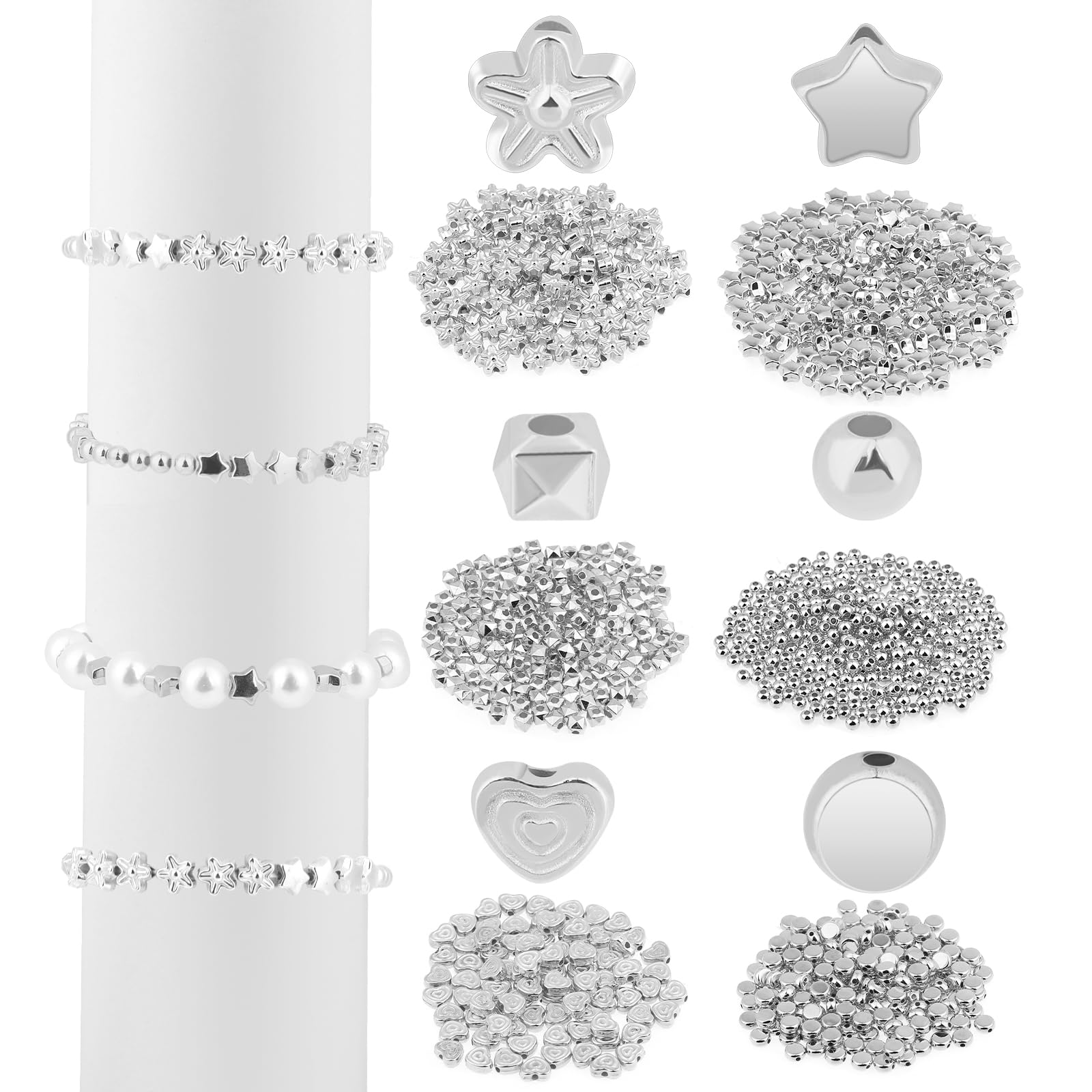 1200 Pcs Assorted Beads for DIY Jewelry Making - Heart, Star, Cylinder, Round, Silver