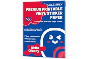 COLEMOLY Glossy Sticker Paper Printable Vinyl for Inkjet Printer Adhesive White Decals Waterproof Quick Drying Tear Resistance Labels Letter Size 8.5x11 in for Craft,Scrapbook