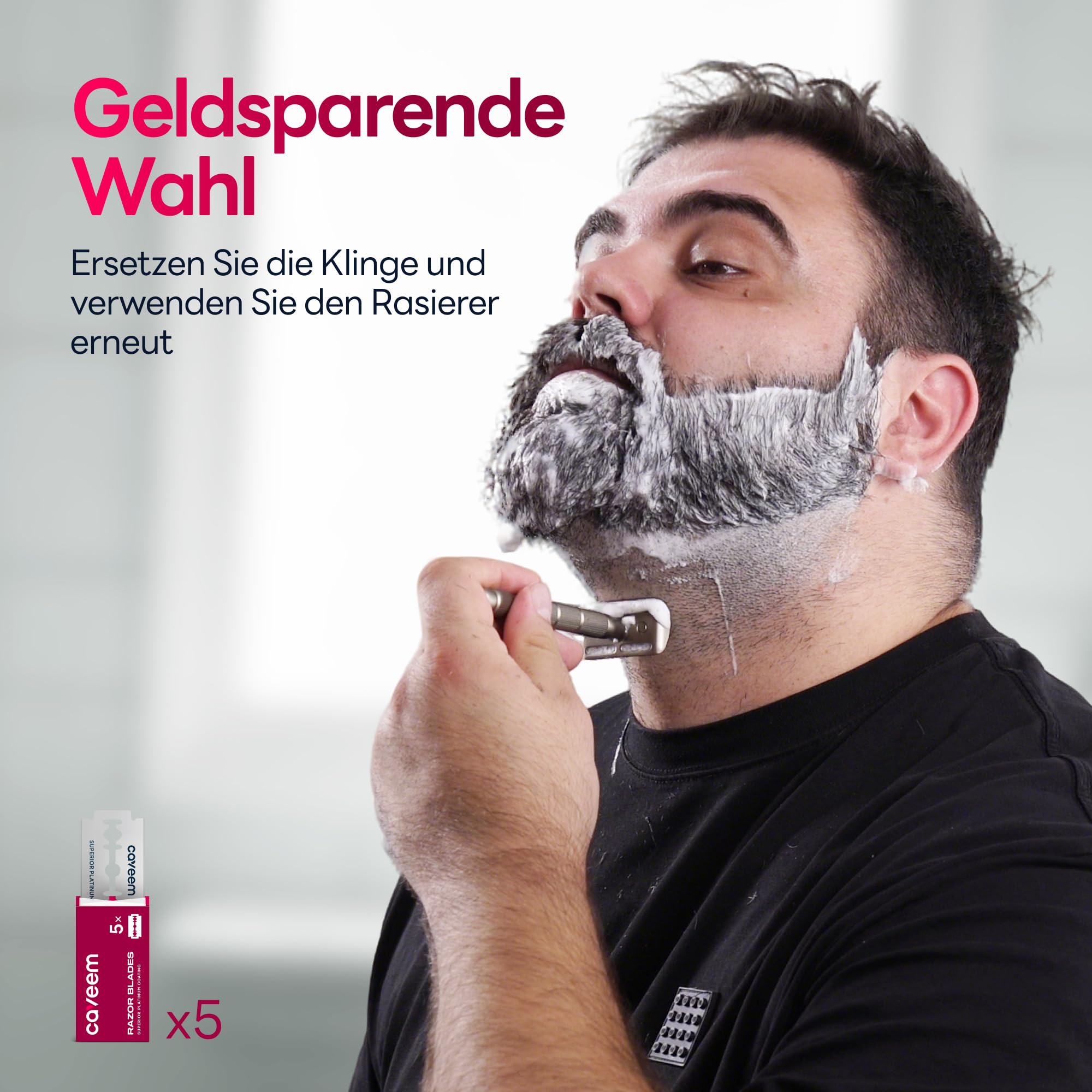 CAVEEM Rasierhobel mit zwei Klingen, Einklingenrasierer mit 5 Rasierklingen aus Edelstahl für Männer und Frauen, wiederverwendbarer Rasierer aus Metall – Champagner matt 3