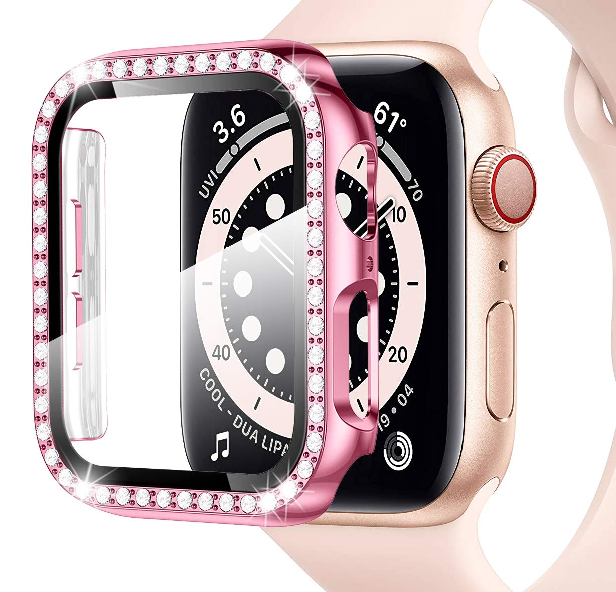 Miimall Bling Case Compatible for Apple Watch SE Series 6/5/4 40mm, PC Case with Tempered Glass Screen Protector&Crystal Diamonds, Ultra-Thin Full Protective Woman Cover for iWatch 40mm-Pink