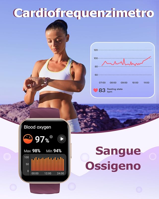 Orologio Smartwatch Donna Chiamata Bluetooth Contapassi con Cardiofrequenzimetro SPO2 Orologio Sportivo con Giochi Monitoraggio Sonno Sfondo Personalizzabile Cronometro Timer Sveglia Viola — foto 5 di 8