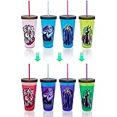 Silver Buffalo Disney Villains 4 pack Color Change Plastic Tumbler Featuring The Evil Queen, Cruella De Vil, Ursula, and Maleficent, 24 Ounces