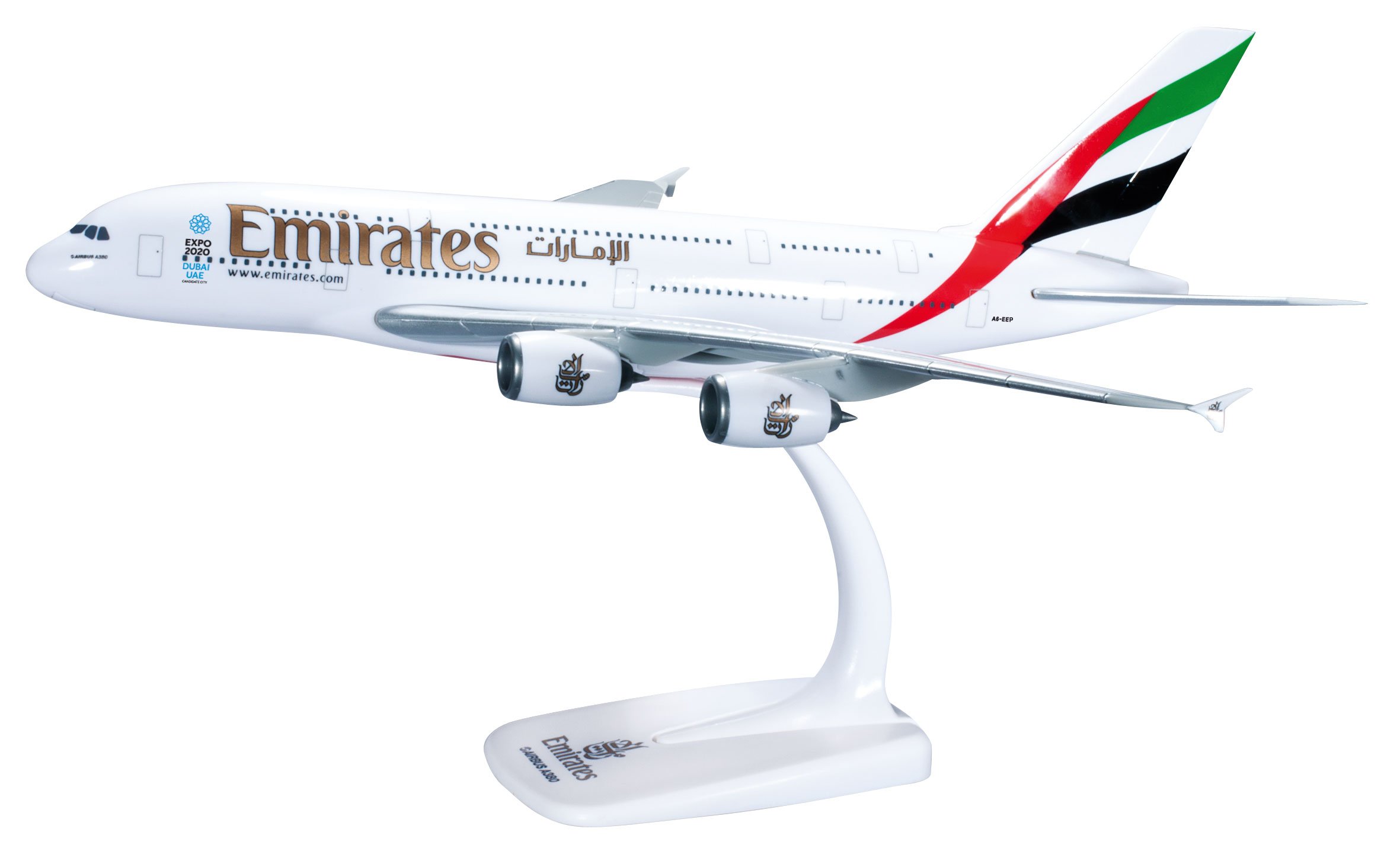 herpa 607018-001 - Airbus A380-800, Emirates Passenger Aeroplane, Wings, Model Aeroplane with Stand, Aviator, Model Making, Miniature Models, Collectors, Plastic, Multicoloured, Snap Fit, Scale 1:250