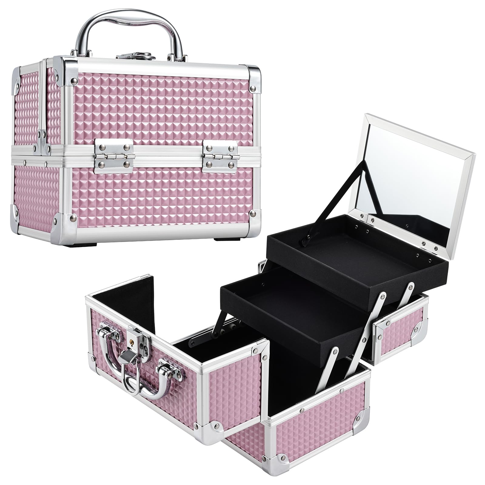 Joligrace Vanity Case Makeup Organiser Box Beauty Case Nail Polish Organiser Box Make Up Case with Mirror, 2 Trays, Lockable, Size: 19.5 x 15 x 16cm (Pink)