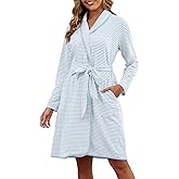 VibeVista Soft Cotton Robes for Women Striped Long Sleeve Kimono Bathrobe House Coats Bath Robe Loungewear with Pockets