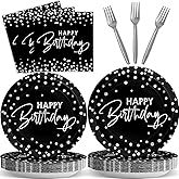 Wiooffen 96PCS Black Silver Birthday Paper Plates and Napkins Party Supplies Happy Birthday Party Decorations Disposable Birthday Party Tableware Dinnerware Set for Women Men Birthday Serves 24 Guests
