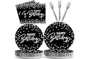 Wiooffen 96PCS Black Silver Birthday Paper Plates and Napkins Party Supplies Happy Birthday Party Decorations Disposable Birthday Party Tableware Dinnerware Set for Women Men Birthday Serves 24 Guests