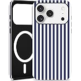 Jusy Compatible with MagSafe Striped Case for iPhone 17 Pro Max, Cute Aesthetic Striped Magnetic Phone Case, Soft TPU and Hard PC Protective Phone Cover for Women Girls(Matte) - Navy Blue