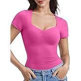 YEOREO Women Double Layer Fitted T Shirt Short Sleeve Livia Second-Skin Sexy Sweetheart-Neck Slim Fit Causual Basic Y2K Top