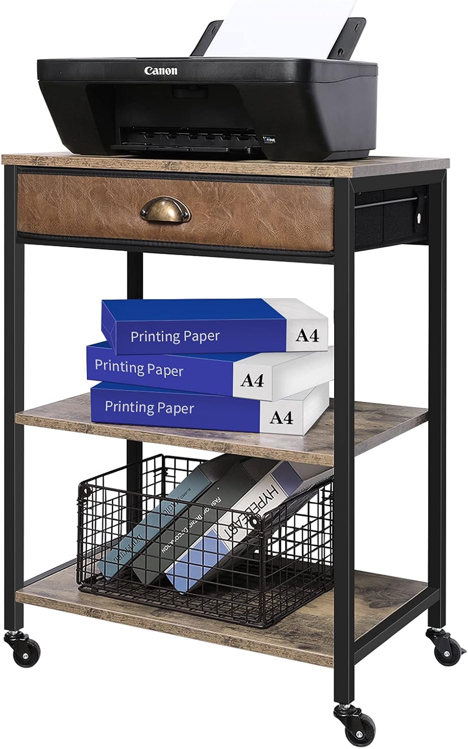 X-cosrack Deskside Mobile Printer Stand with Storage Drawer, 3 Tier Printer Table Cart with Wheel, Workspace Desk Organizer Shelf for Home Office, Rustic Brown : Electronics