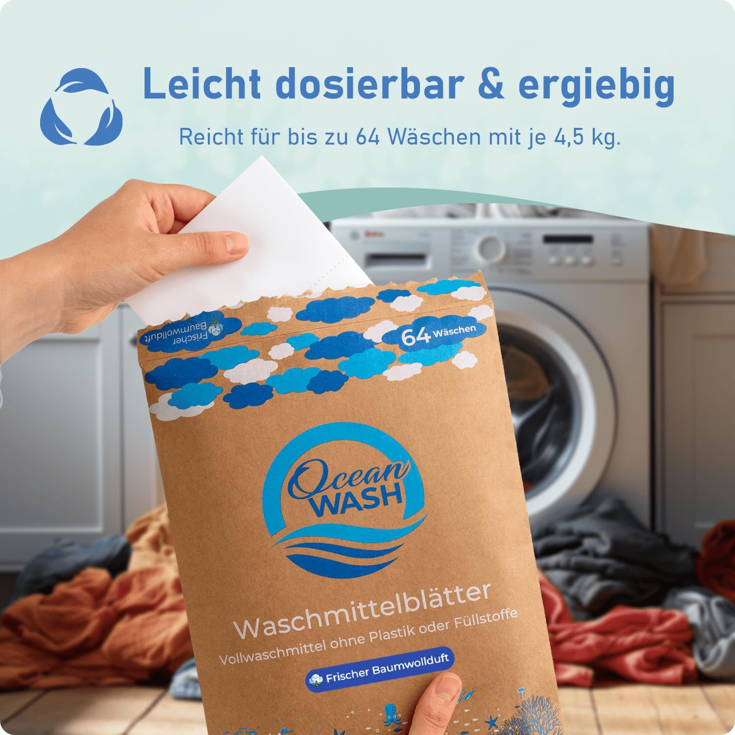 OceanWash Waschmittelblätter für 64 Wäschen biologisch abbaubar & mit Frischeduft - Waschmittel Blätter für alle Textilien und Farben - Waschblätter für die Waschmaschine mit Vollwaschmittel 6