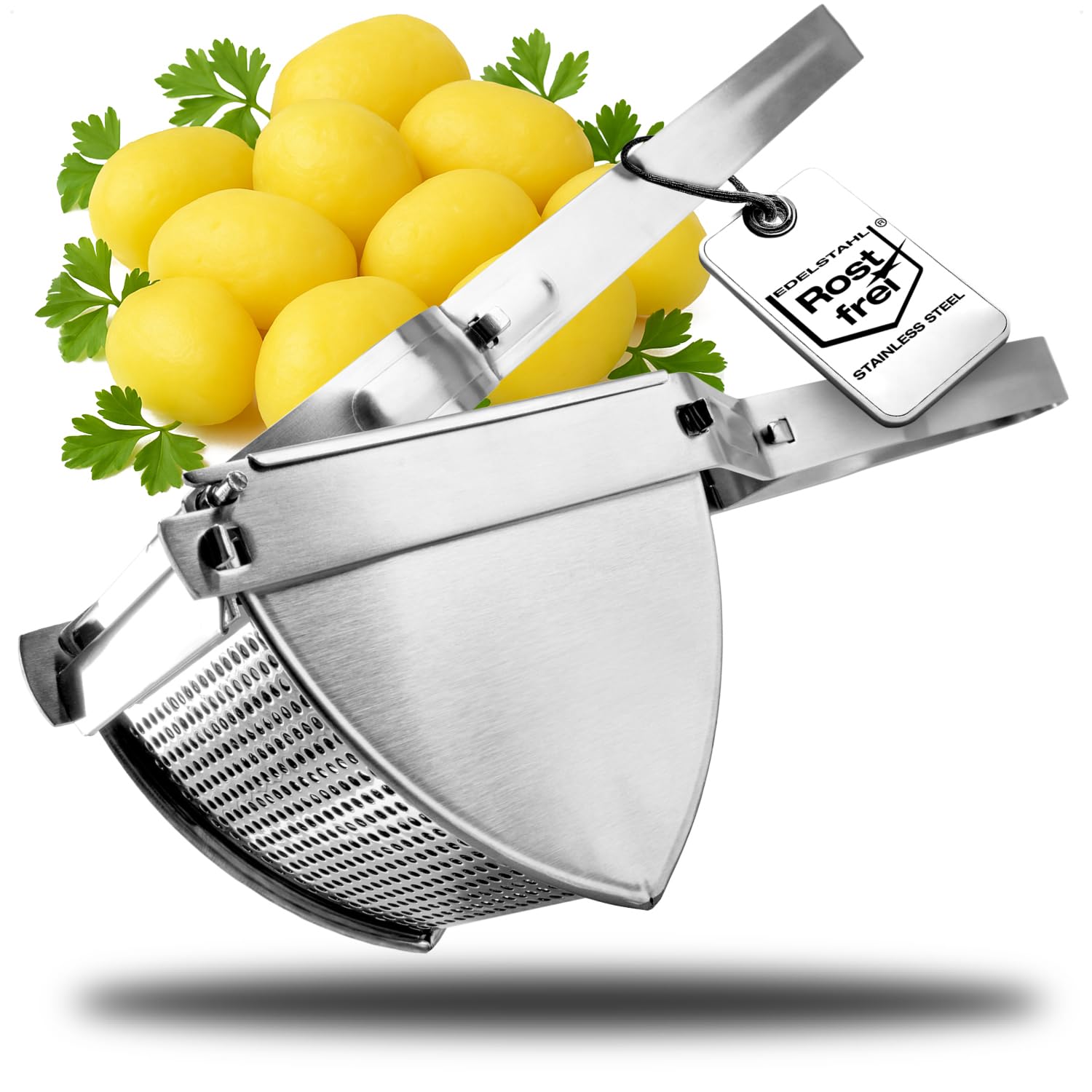 COM-FOUR® Potato Press Made of Stainless Steel, Dishwasher-Safe - spaetzle Press - Spaghetti ice Cream Press - Potato Masher