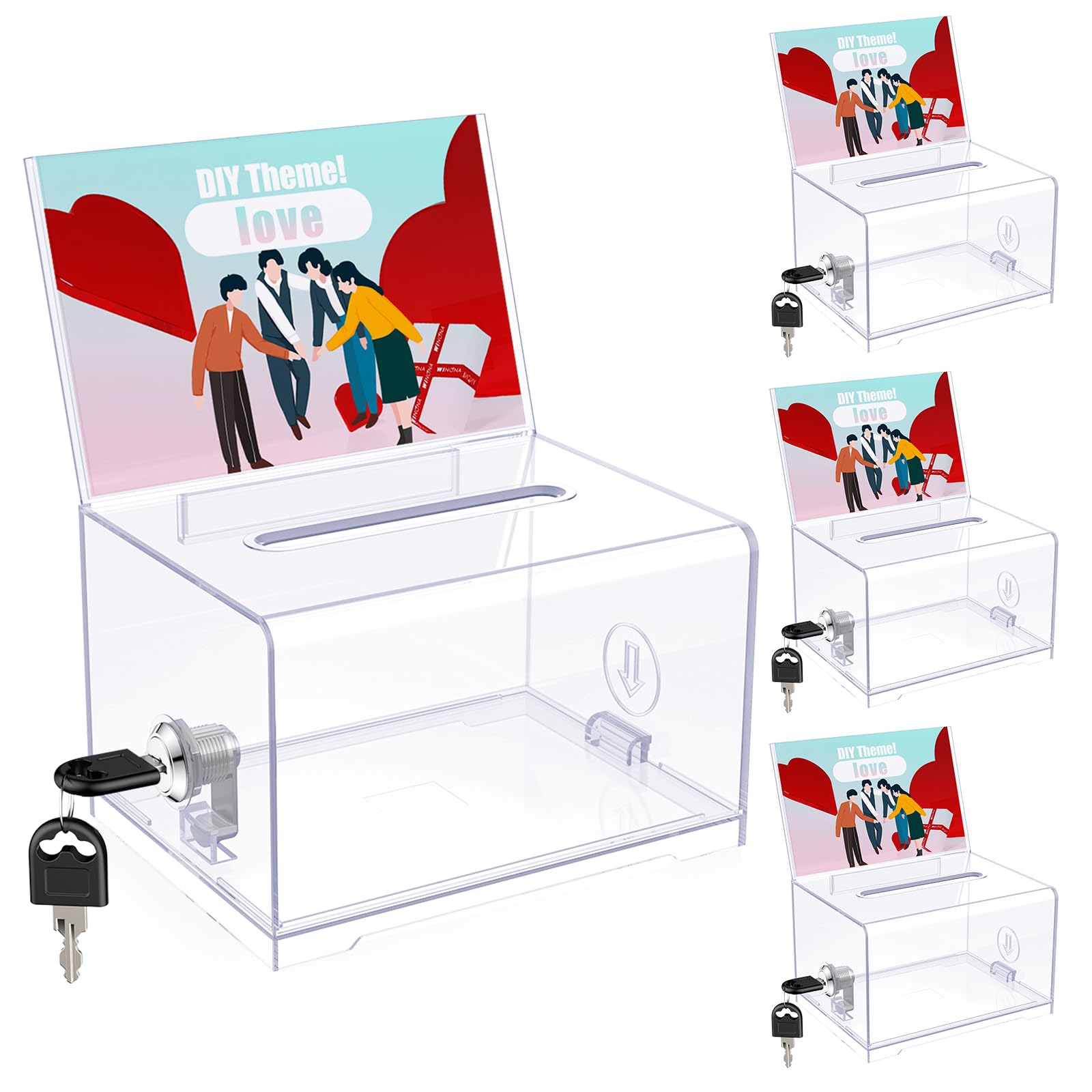 Photo 1 of Uniclife 4 Pack Acrylic Donation Box with Lock and Sign Holder 6.2" x 4.7" x 4" Ballot Boxes with Slot Clear Plastic Suggestion Box Storage Container for Fundraising Voting Charity Tip Collection
