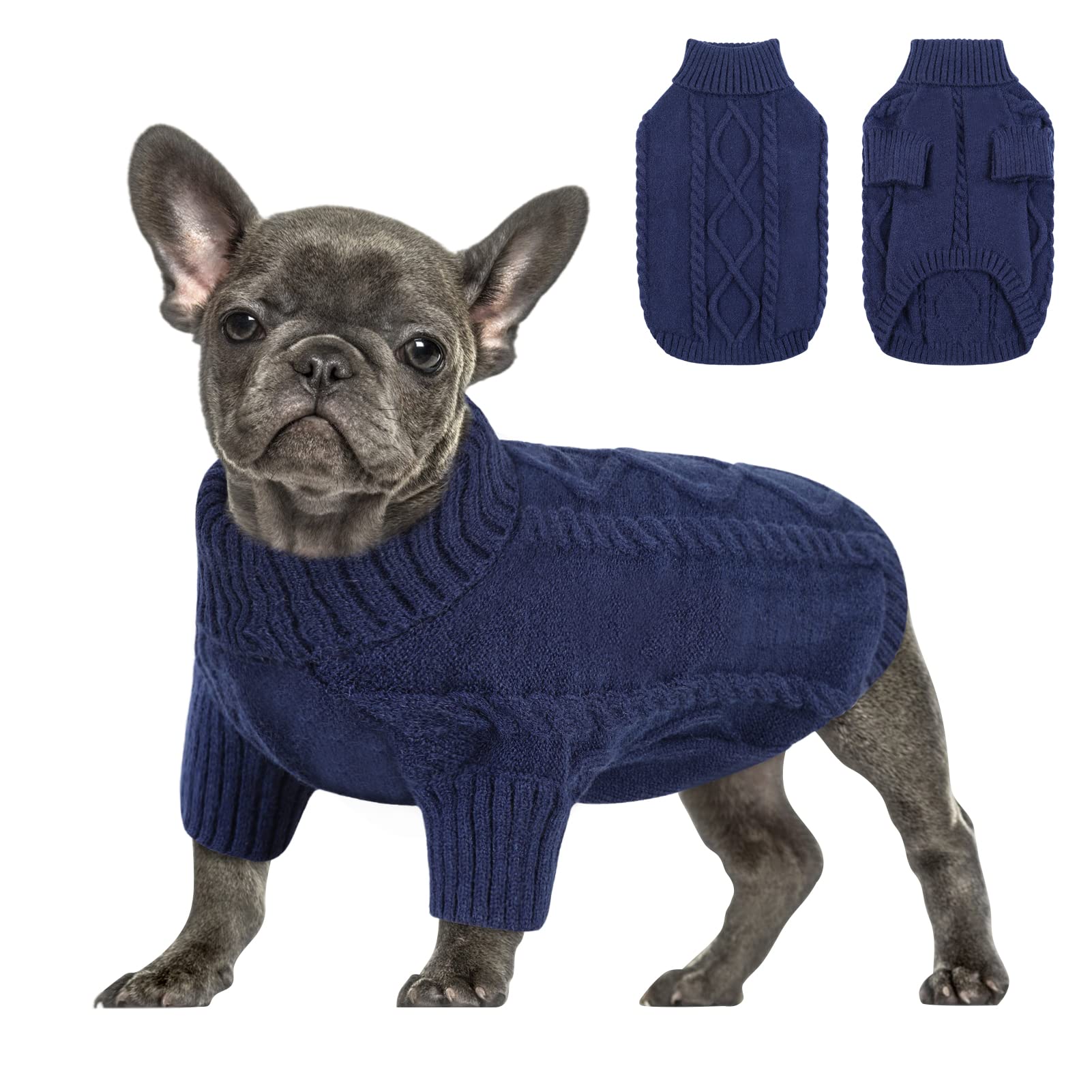 Queenmore Dog Jumper Large Size Knitted Turtleneck Sweater & Cat Jumper, Winter Clothes for Dachshund, Sausage Dog, French Bulldog, Whippet, Greyhound, Navy, L