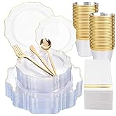 WDF 350Pcs Clear and Gold Plastic Plates - Heavy Duty Clear Plates Disposable - Gold Dinnerware Sets of 100 Plastic Plate 150Silverware 50 Cups 50 Napkins for Wedding Baby Shower Spring