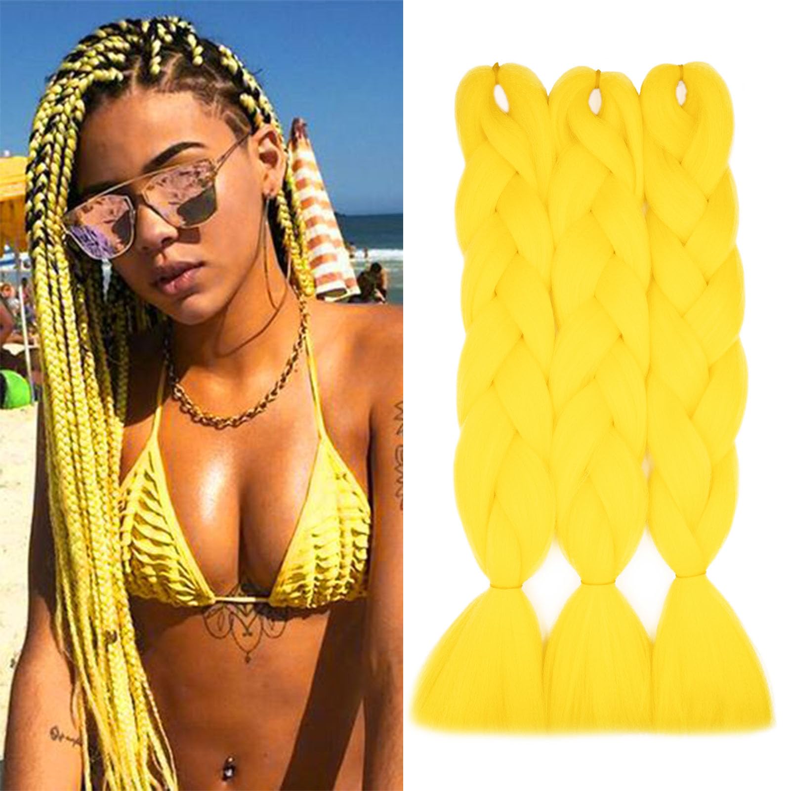 Gairyan Braiding Hair Extensions Ombre Jumbo Braids Synthetic Hair 3 Packs 24 inches 300g Coloured Hair for Braiding Extensions Box Braids Crochet Twist, Yellow