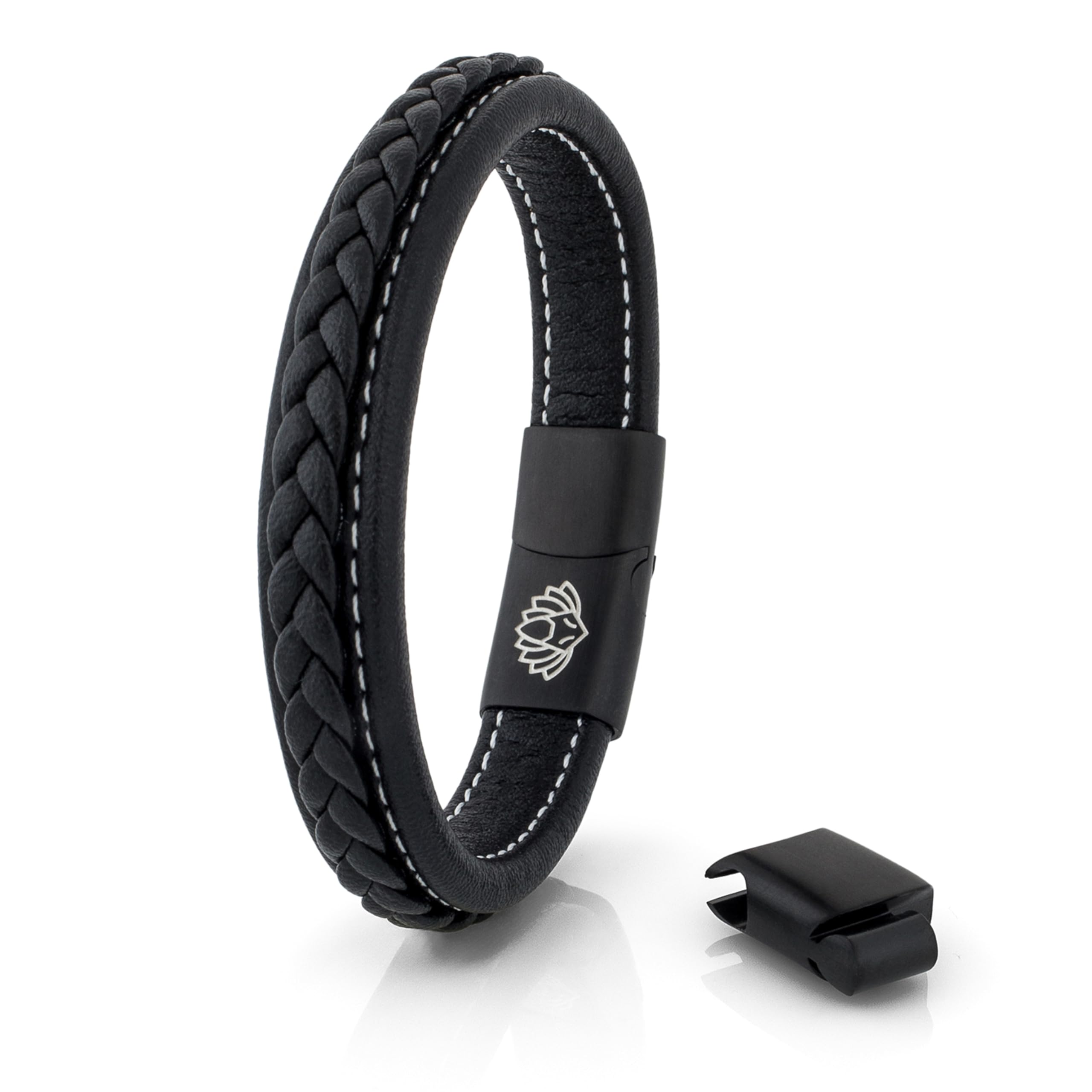 Akitsune Fides Leather Bracelet | Link Bangle Trinket Womens Stainless Steel Men Bracelet - Black Matte Black - 19cm — image 1