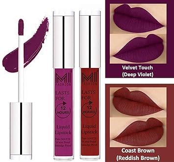 MI Fashion Lipstick For Women Violet Lipsticks, Red Brown Lipstick Liquid Lipstick Set of 2 Pcs 3ml each