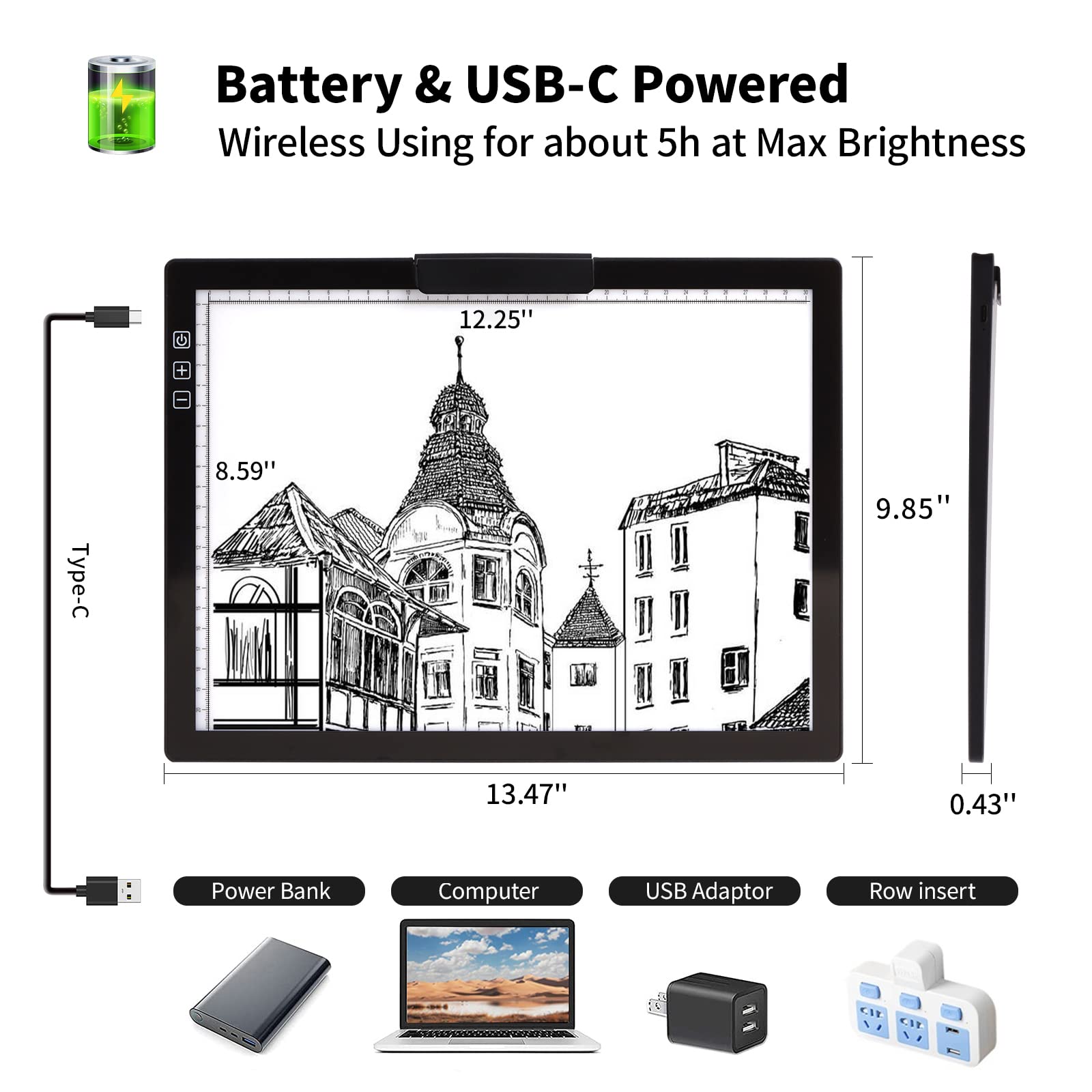 A4 Wireless LED Light Pad with Innovative Stand and Top Clip, TOHETO Rechargeable Battery Powered Light Box Stepless Dimmable 6 Levels Brightness Cordless Light Board for Tracing Weeding Vinyl (Black)
