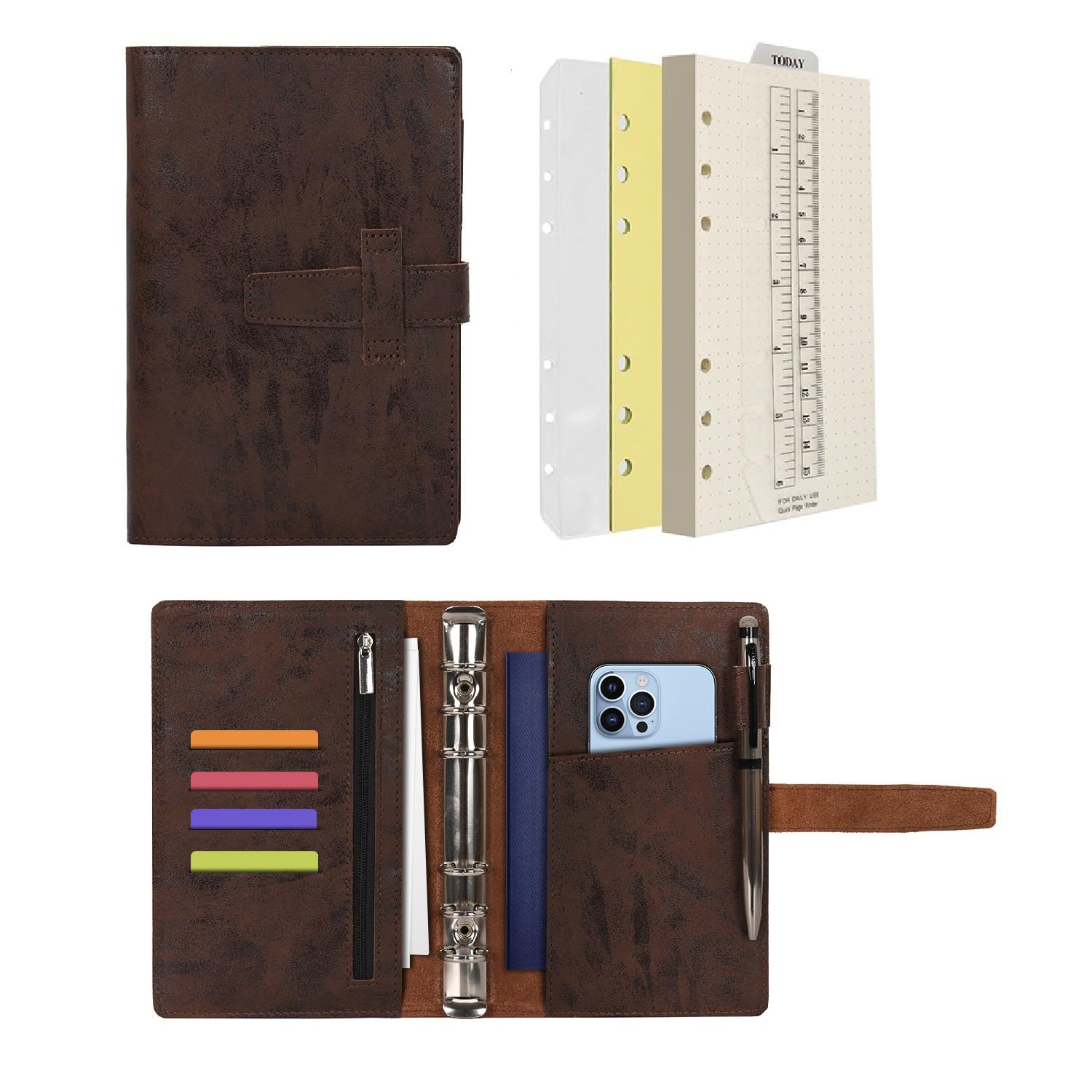 Wonderpool Leather Diary 6 Ring Binder Folder Organiser with Dotted Paper Refillable Writing Notebook & Multi Pockets Cover for Business Study Travel (A6, Coffee)