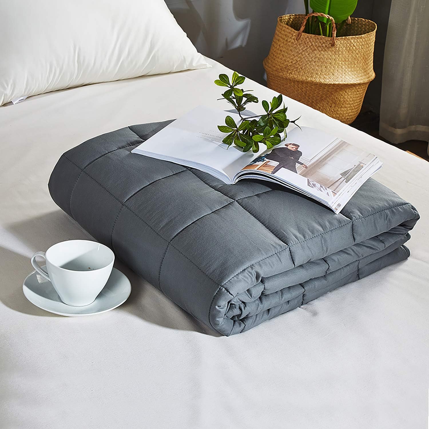 JOLLYVOGUE Weighted Blanket for Adults, Weighted Blanket with 100% Soft Cotton and Glass Beads (48" x 72"-15lbs, Dark Grey)