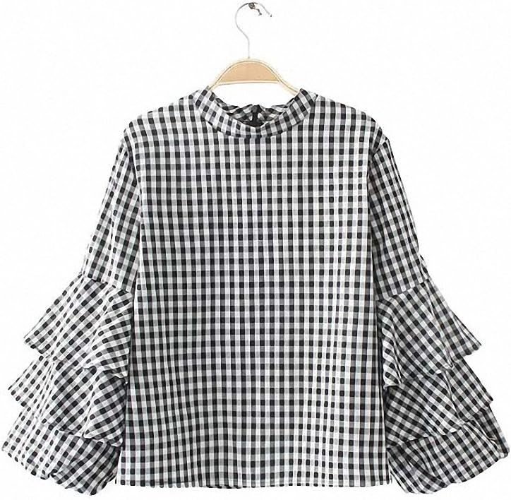 HWJCXZ Women Checkered Plaid Shirt Ruffles Sleeve Stand Collar Loose Streetwear Blusas