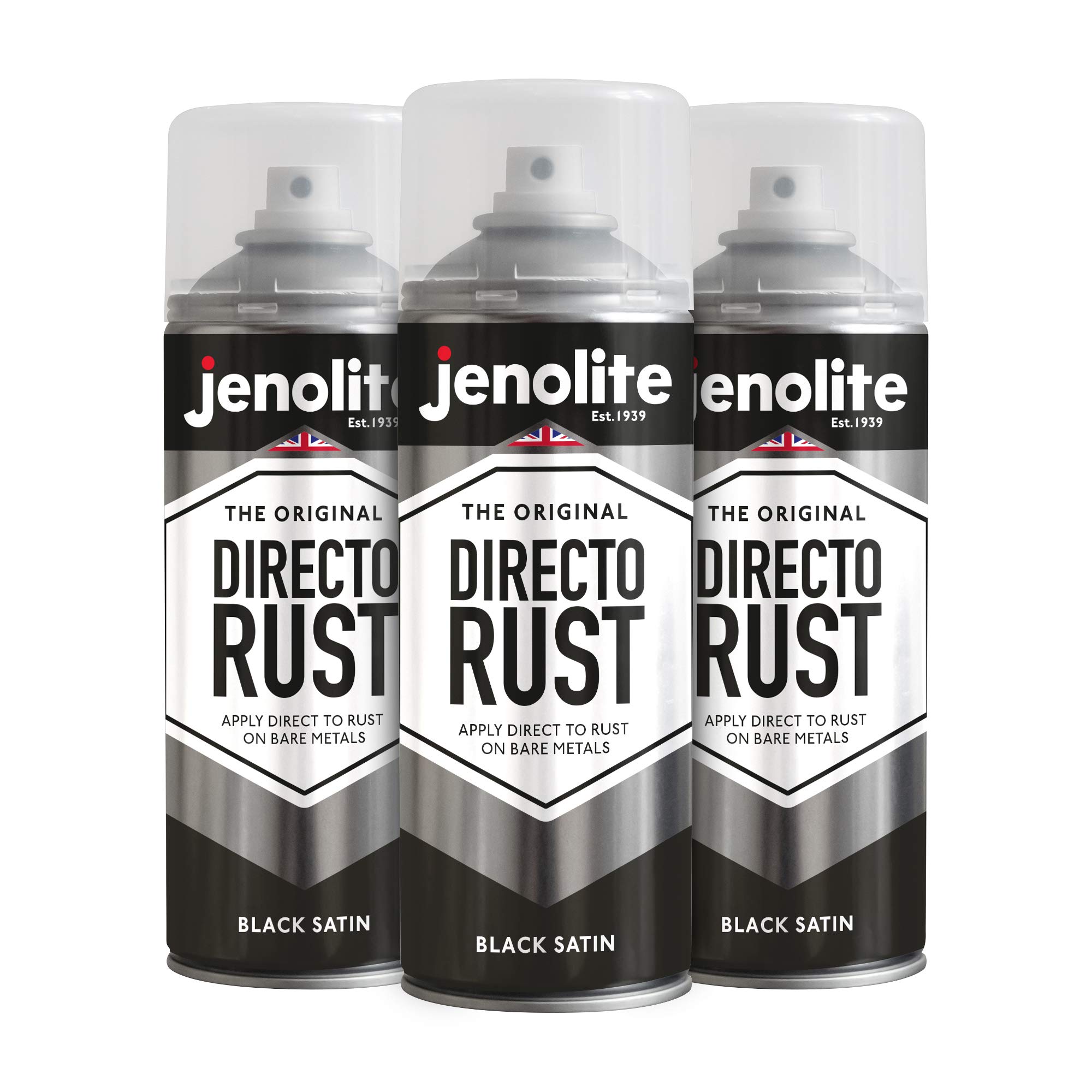 JENOLITE Directorust Spray Paint Satin Finish | BLACK | 3 x 400ml | Direct To Rust Spray Paint For Metal | All-In-One Multi Surface Paint for Metal, Wood, Plastic, Ceramic | RAL 9005