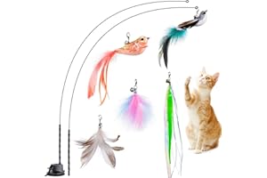 JXFUKAL Cat Feather Toys, Interactive Cat Toy with Super Suction Cup, 2PCS Springy Cat Wand & 5PCS Teaser Refills Replacement with Bells, Kitty Kitten Toys Cat Spring String Toy Cat Accessories