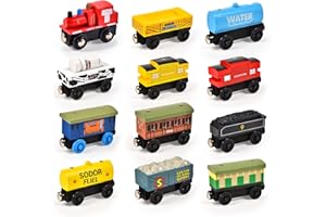 Atoylink 12Pcs Wooden Train Set Magnetic Train Toys for Toddlers Kids Engine Vehicles Toy Train Cars for Boys Girls Compatible with Train Tracks