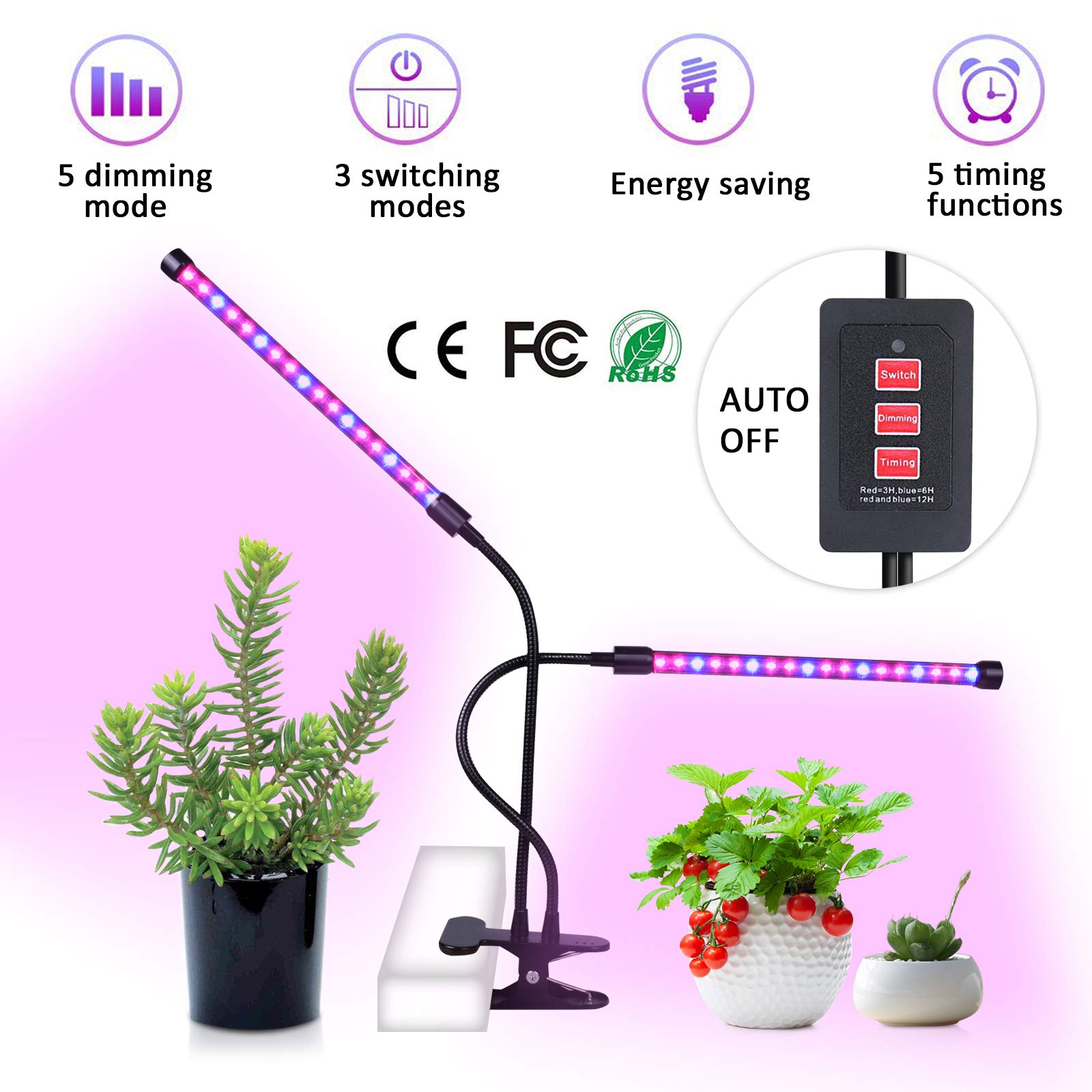 MIXC LED Grow Light Indoor Plant Lights 36LED Growing Dual Lamp 5 Dimmable Levels with Adjustable 360 Degree Flexible Gooseneck Timer Function for Office Home Hydroponics Greenhouse Gardening
