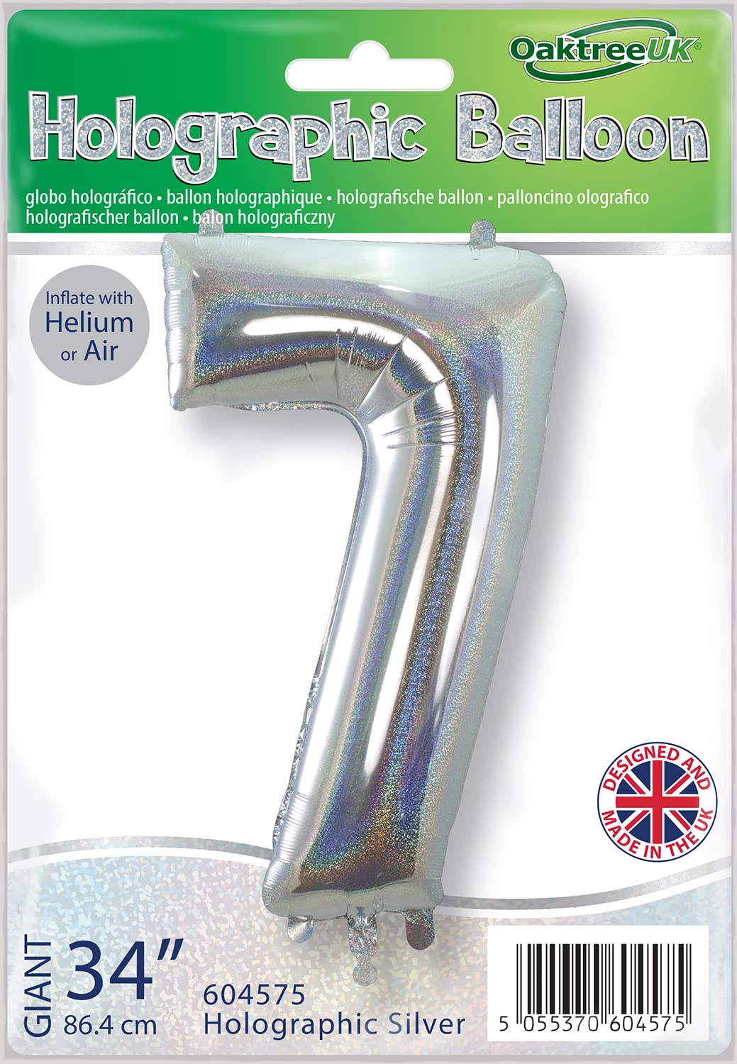 Oaktree UK 34" Number 7 Holographic Silver Foil Balloon