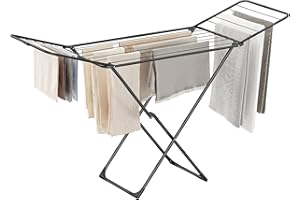 SONGMICS Clothes Drying Rack, Metal Laundry Drying Rack, Foldable, Space-Saving, Free-Standing Airer, with 2 Gullwings, Indoo