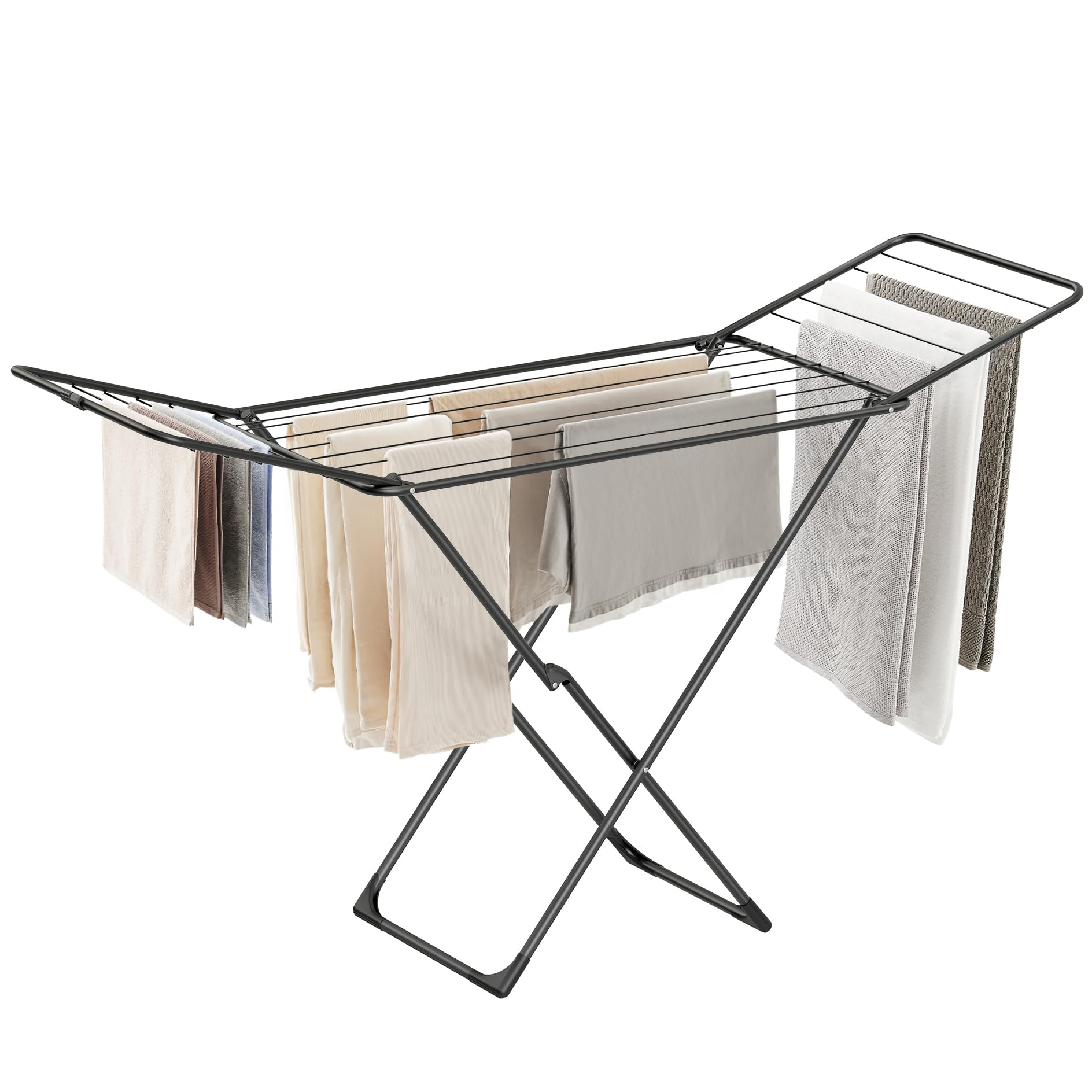 SONGMICS Clothes Drying Rack, Metal Laundry Drying Rack, Foldable, Space-Saving, Free-Standing Airer, with 2 Gullwings, Indoor Outdoor Use, Bed Linen Clothing, Black ULLR540B01 Image