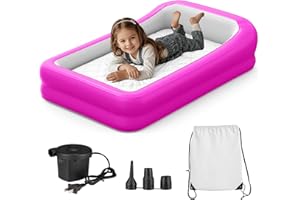 GloTika Inflatable Toddler Travel Bed, Portable Kids Air Mattress with Soft Bed Sheet, Toddler Air Mattress with Surround Safety Bumpers, Ideal for Home Use or Travel, Includes Pump and Carry Bag,Pink
