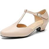 MAIERNISI JESSI Women's T-Strap Mary Jane Pumps, Low Block Heel, Closed Toe, Buckle Ankle Strap