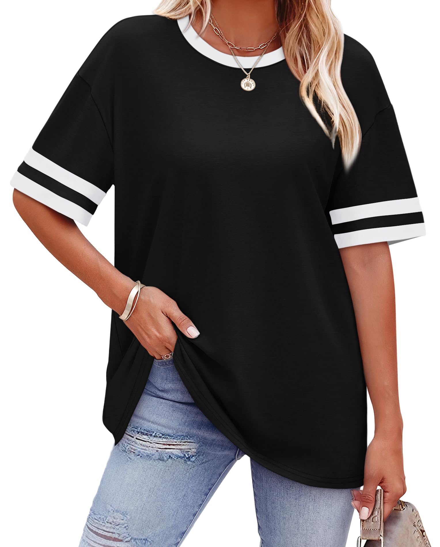 Photo 1 of WIHOLL Womens Tops Black Color Block Sleeve Summer T Shirts Crew Neck Clothes Loose Fit Tee Fashion Trendy Tshirts 2025 Spring Tops for Women L